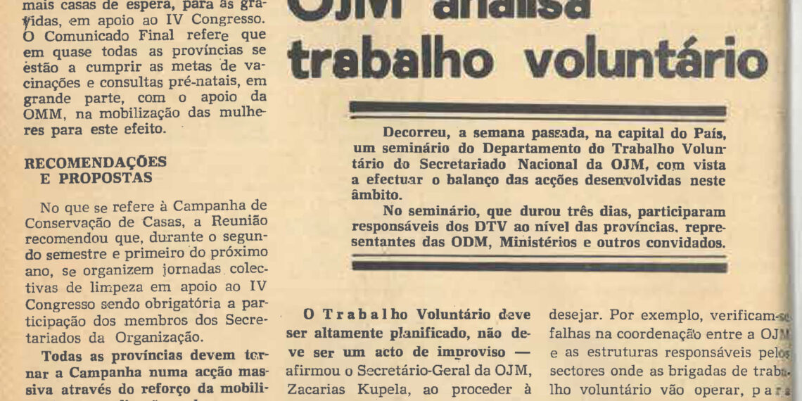 Organização da Juventude Moçambicana (OJM) analisa trabalho voluntário – 29 de Agosto de 1982 (Revista Tempo)