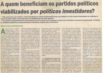 Financiamento político, um dos antídotos da democracia em Moçambique: A quem beneficiam os partidos políticos viabilizados por políticos investidores? – 30 de Abril de 2021 (Savana)