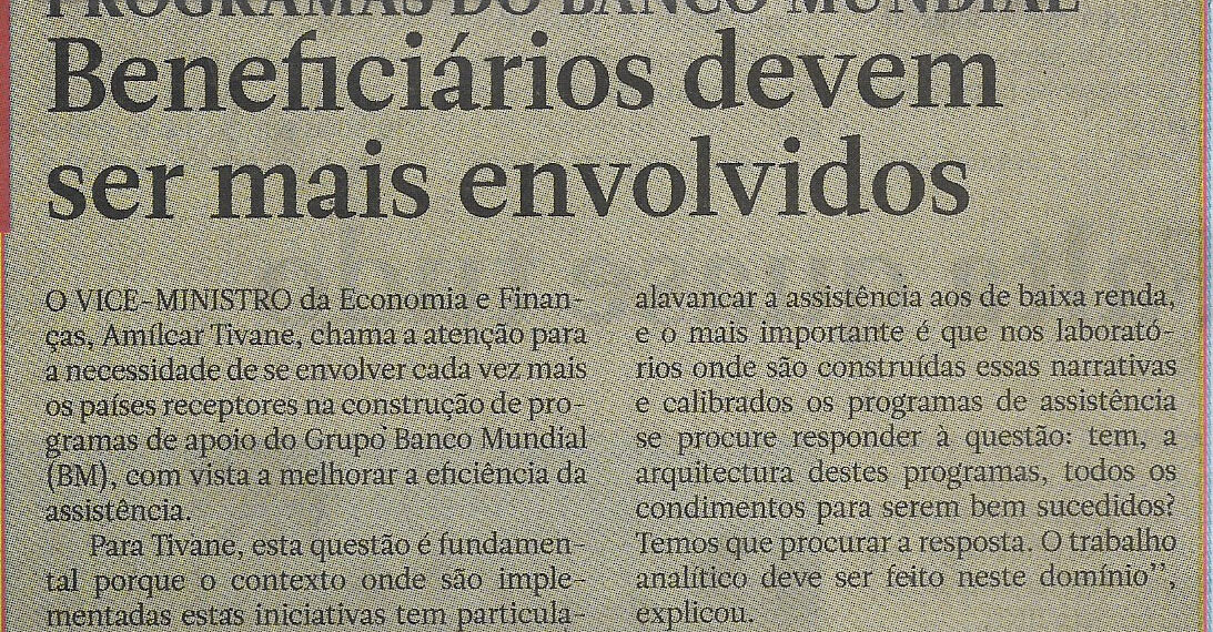 Programas do Banco Mundial: Beneficiários devem ser mais envolvidos – 18 de Julho de 2023 (Notícias)