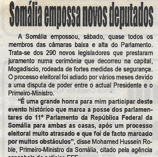 Somália empossa novos deputados – 18 de Abril de 2022 (Diário de Moçambique)