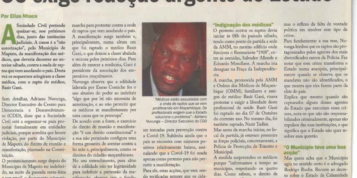 Proibição da manifestação dos médicos contra raptos: SC exige reação urgente do Estado – 22 de Outubro de 2021 (Savana)