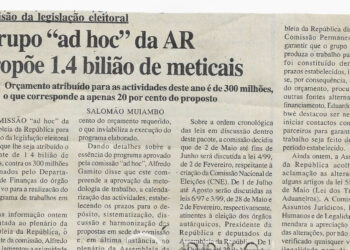 Revisão da legislação eleitoral: Grupo “ad hoc” da Assembleia da República (AR) propõe 1.4 bilhão de meticais – 22 de Março de 2001 (Notícias)