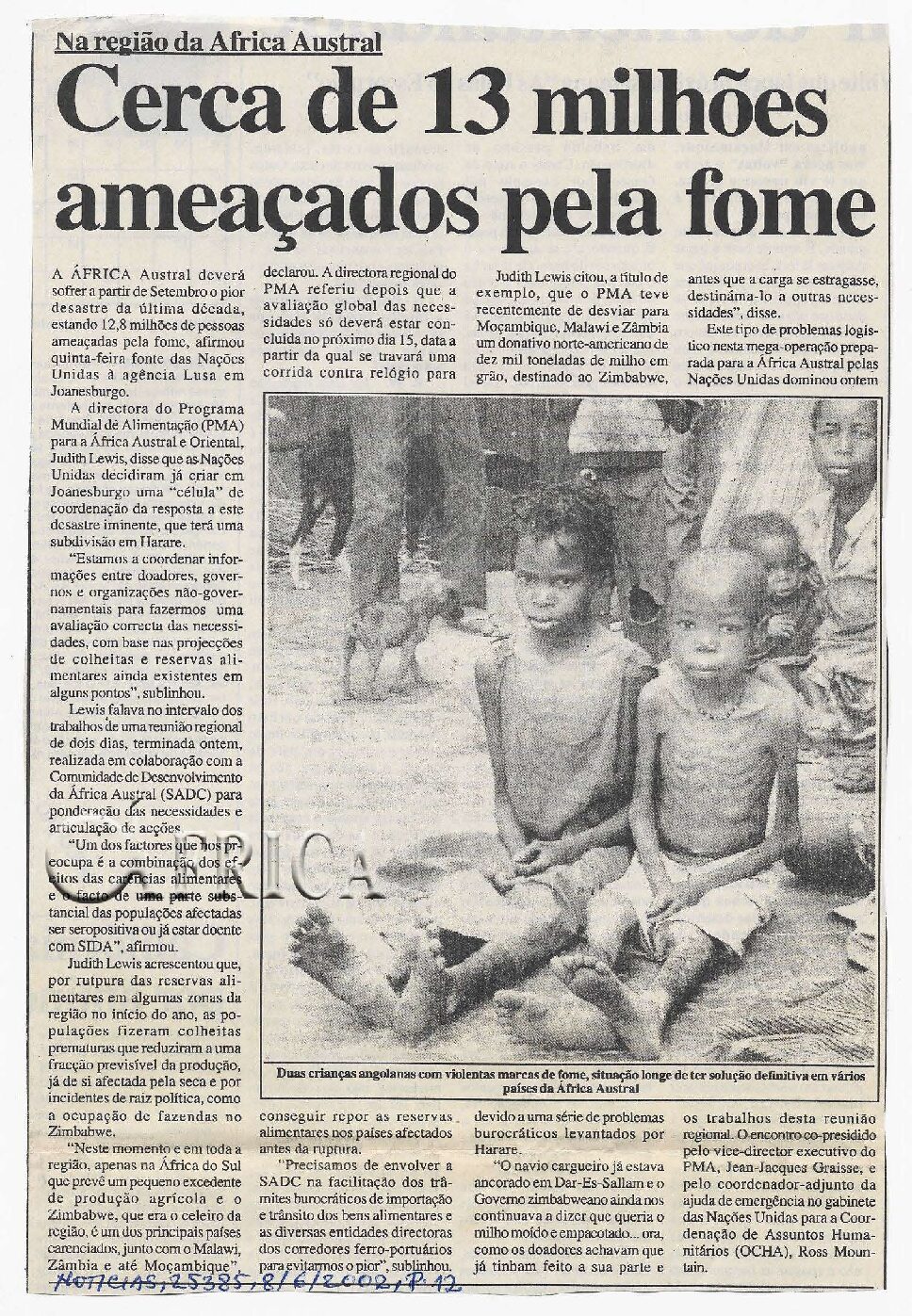Na região da África Austral: Cerca de 13 milhões ameaçados pela fome – 08 de Junho de 2002 (Notícias)