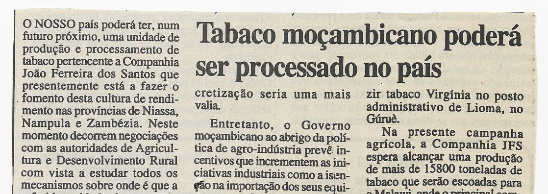 Tabaco moçambicano poderá ser processado no país – 08 de Junho de 2002 (Notícias)
