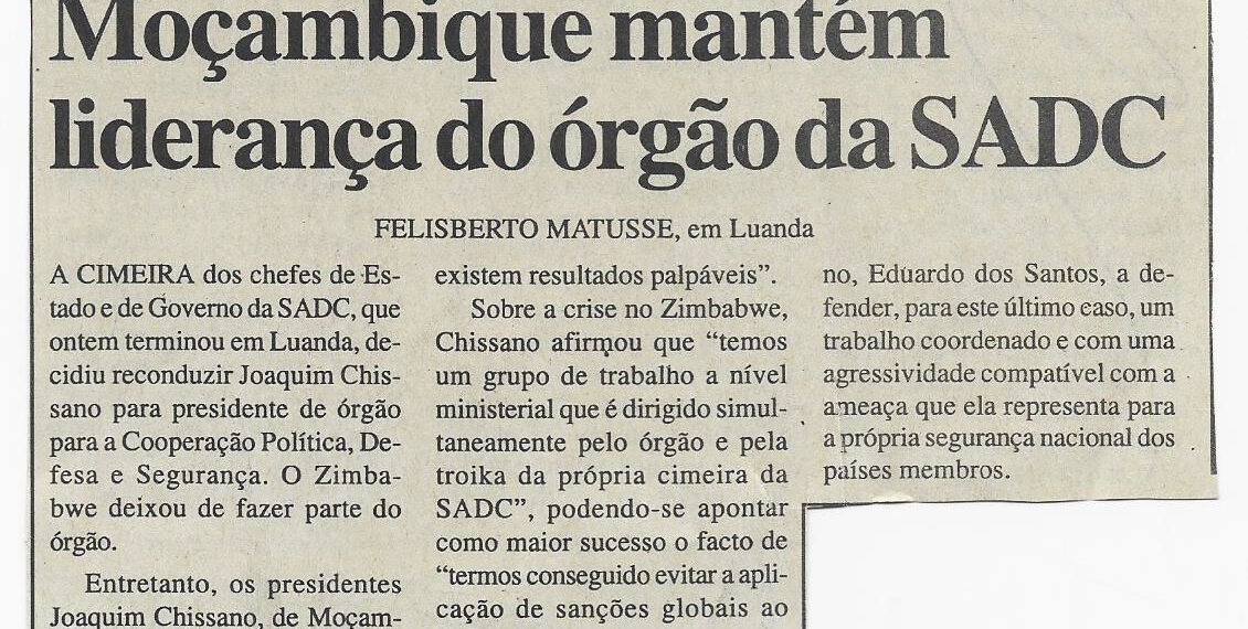 Cooperação Política, Defesa e Segurança: Moçambique mantém liderança do órgão da SADC – 04 de Outubro de 2002 (Notícias)