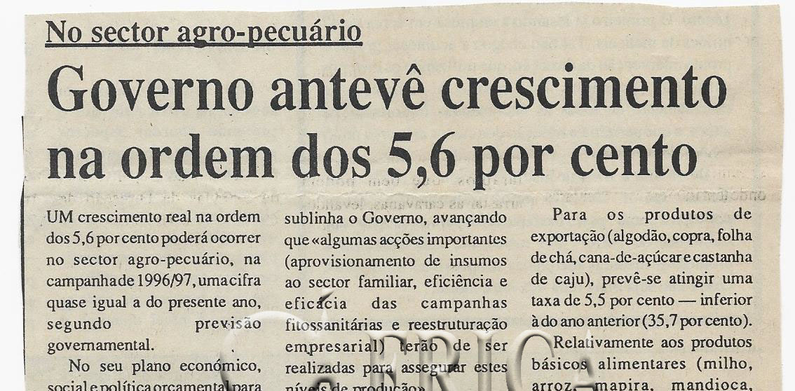 No sector agro-pecurário: Governo antevê crescimento na ordem dos 5,6 por cento – 12 de Novembro de 1996 (Notícias)