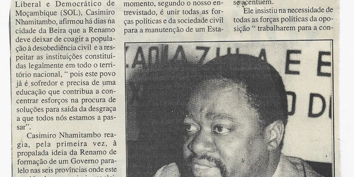 Renamo deve colaborar e não dividir os moçambicanos – apela Casimiro Nhamitambo, líder do partido SOL – 10 de Fevereiro de 2000 (Notícias)