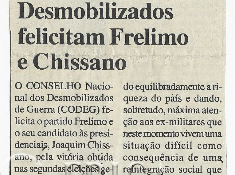Desmobilizados felicitam Frelimo e Chissano – 11 de Fevereiro de 2000 (Notícias)