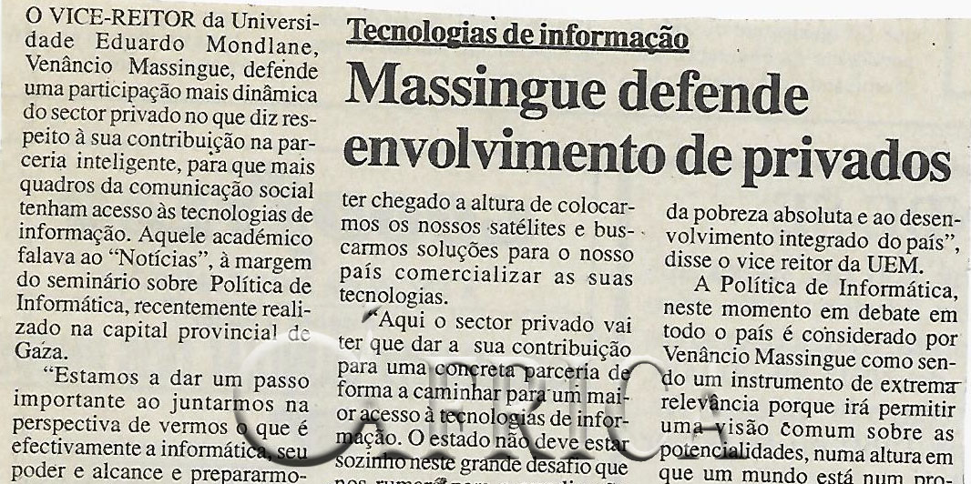 Tecnologia de informação: Massingue defende envolvimento de privados – 14 de Julho de 2000 (Notícias)