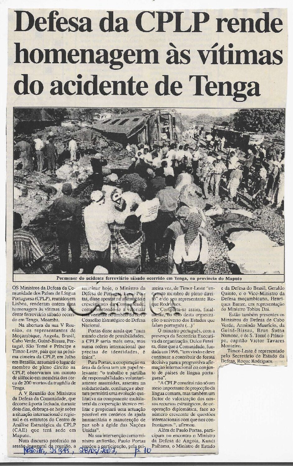 Defesa da CPLP rende homenagem às vítimas do acidente de Tenga – 28 de Maio de 2002 (Notícias)