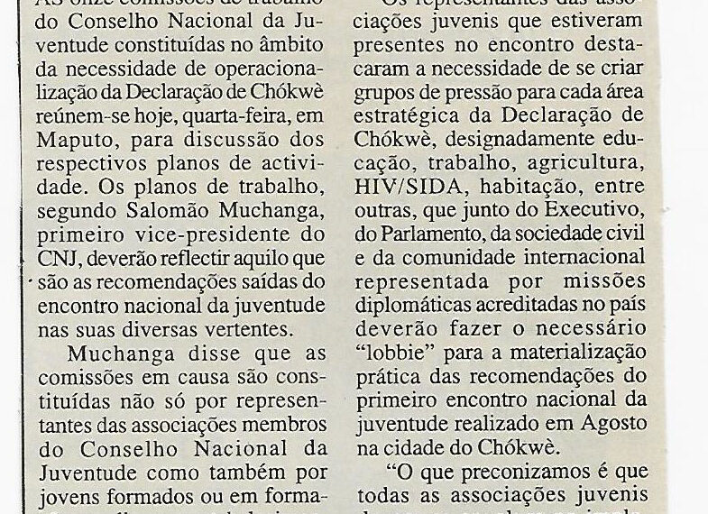 Conselho Nacional da Juventude: Comissões harmonizam Declaração de Chókwè – 20 de Outubro de 2002 (Notícias)