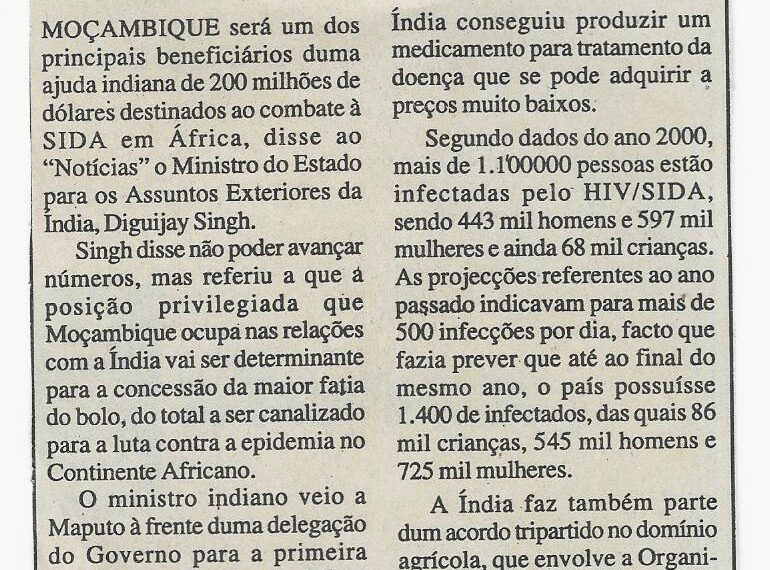 Índia pronta a apoiar lita contra a SIDA – 11 de Dezembro de 2002 (Notícias)