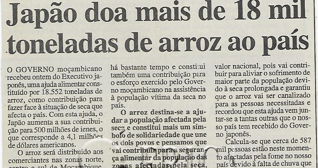 Japão doa mais de 18 mil toneladas de arroz ao país – 11 de Dezembro de 2002 (Notícias)