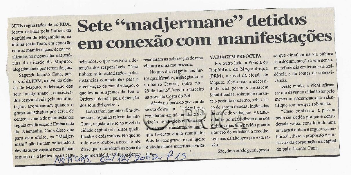 Sete “madjermane” detidos em conexão com manifestações – 02 de Dezembro de 2002 (Notícias)