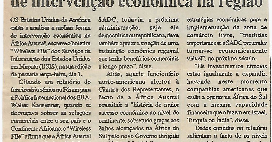 EUA analisam formas de intervenção económica na região – 04 de Outubro de 1996 (Notícias)