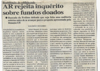 Reabilitação do edifício sede: Assembleia da República (AR) rejeita inquérito sobre fundos doados – 30 de Março de 2001 (Notícias)