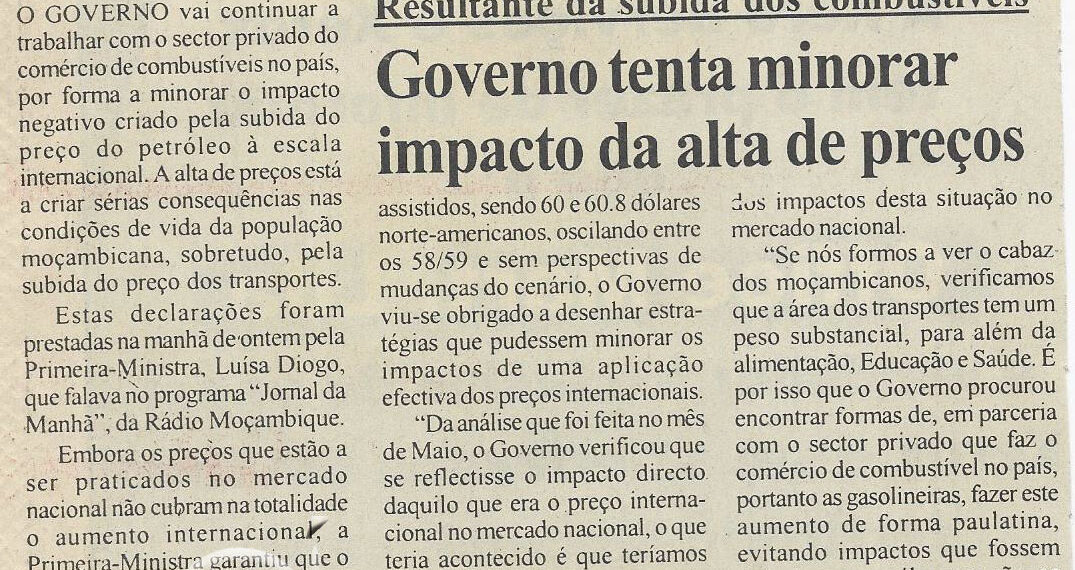 Resultante da subida dos combustíveis: Governo tenta minorar impacto da alta de preços – 15 de Julho de 2005 (Notícias)