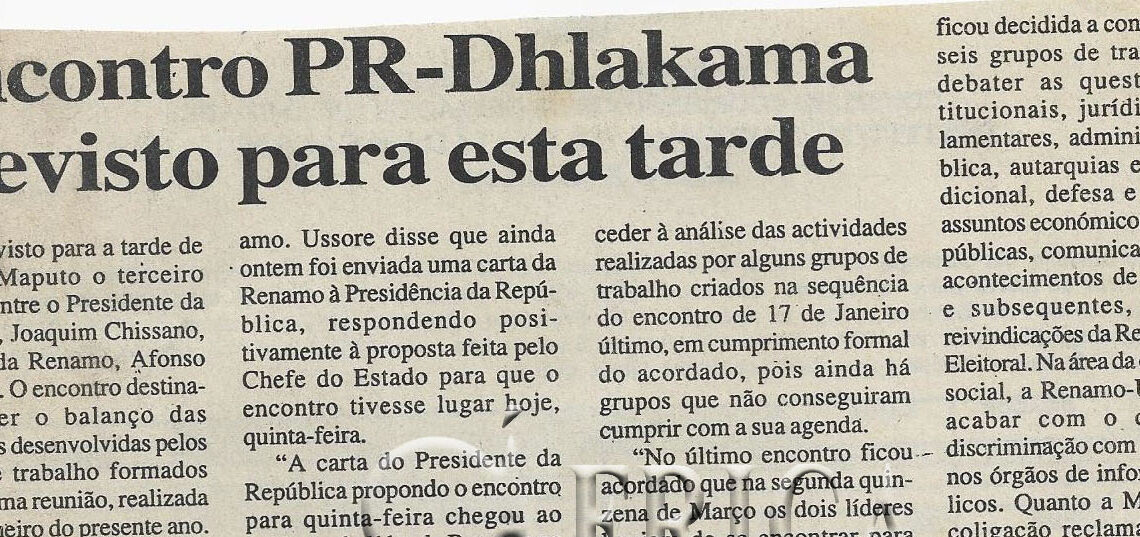 Encontro Presidente da República (PR)-Dlakama previsto para esta tarde – 29 de Março de 2001 (Notícias)