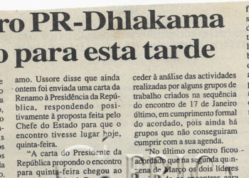 Encontro Presidente da República (PR)-Dlakama previsto para esta tarde – 29 de Março de 2001 (Notícias)