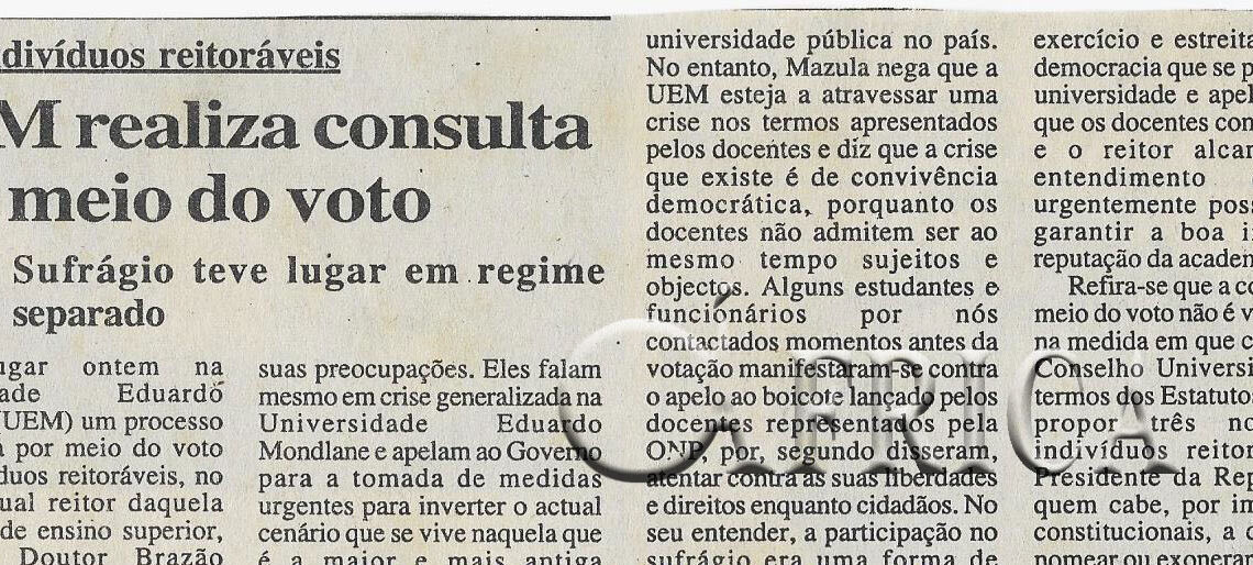 Para indivíduos reitoráveis: Universidade Eduardo Mondlane (UEM) realiza consulta por meio do voto – 28 de Março de 2001 (Notícias)