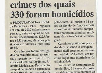 No ano passado: Procuradoria-Geral da República (PGR) registou 3687 crimes dos quais 330 foram homicídios – 24 de Março de 2001 (Notícias)