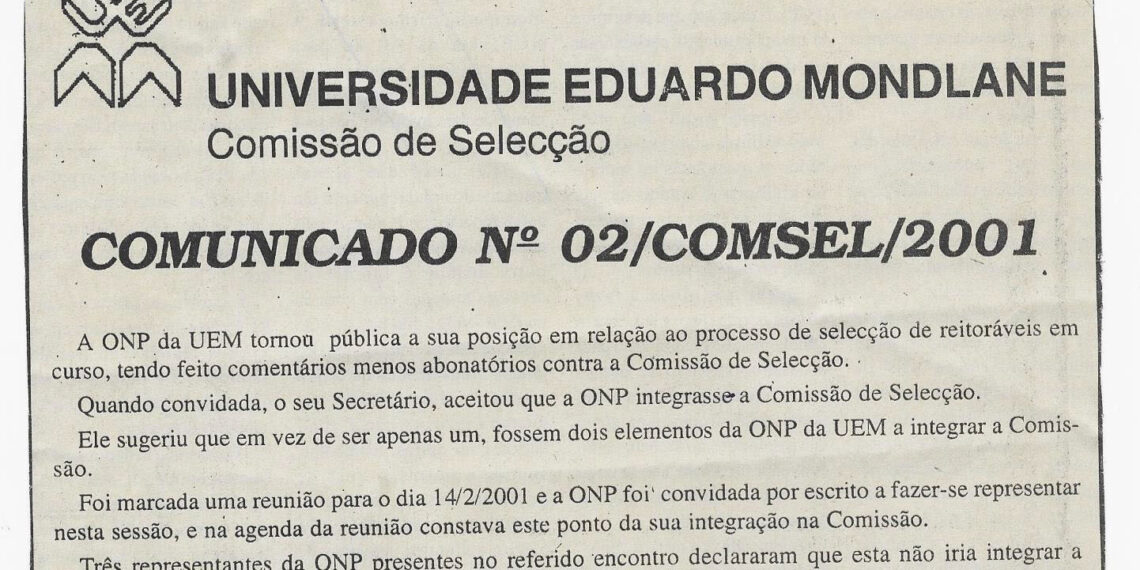 Universidade Eduardo Mondlane – Comissão de Selecção: Comunicado Nº 02/COMSEL/2001 – 22 de Março de 2001 (Notícias)