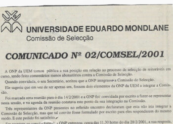 Universidade Eduardo Mondlane – Comissão de Selecção: Comunicado Nº 02/COMSEL/2001 – 22 de Março de 2001 (Notícias)