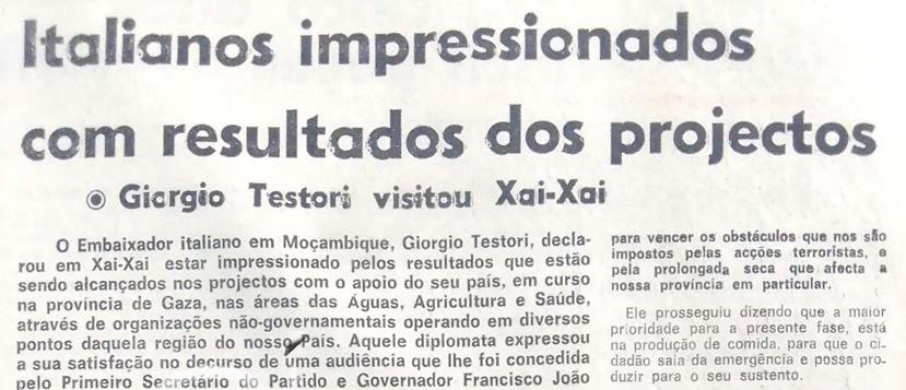 Italianos impressionados com resultados dos projectos: Giorgio Testori visitou Xai-Xai – 05 de Novembro de 1988 (Notícias)