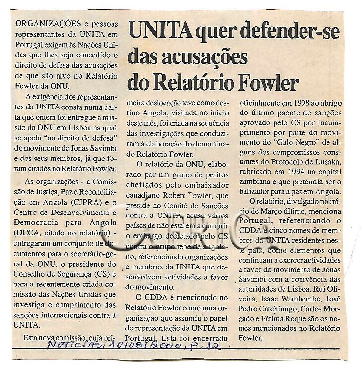 UNITA quer defender-se das acusações do Relatório Fowler – 10 de Agosto de 2000 (Notícias)