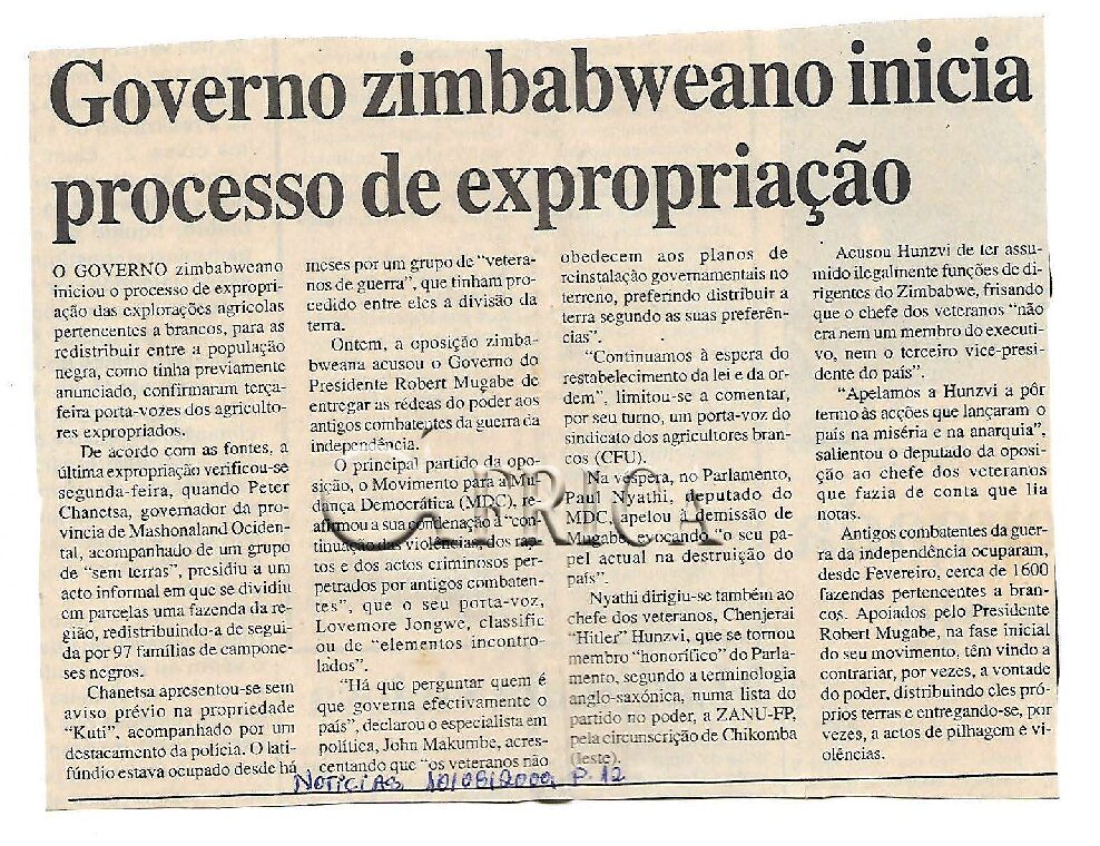 Governo zimbabweano inicia processo de expropriação – 10 de Agosto de 2000 (Notícias)