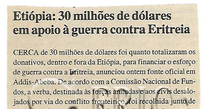 Etiópia: 30 milhões de dólares em apoio à guerra contra Eritreia – 11 de Agosto de 2000 (Notícias)