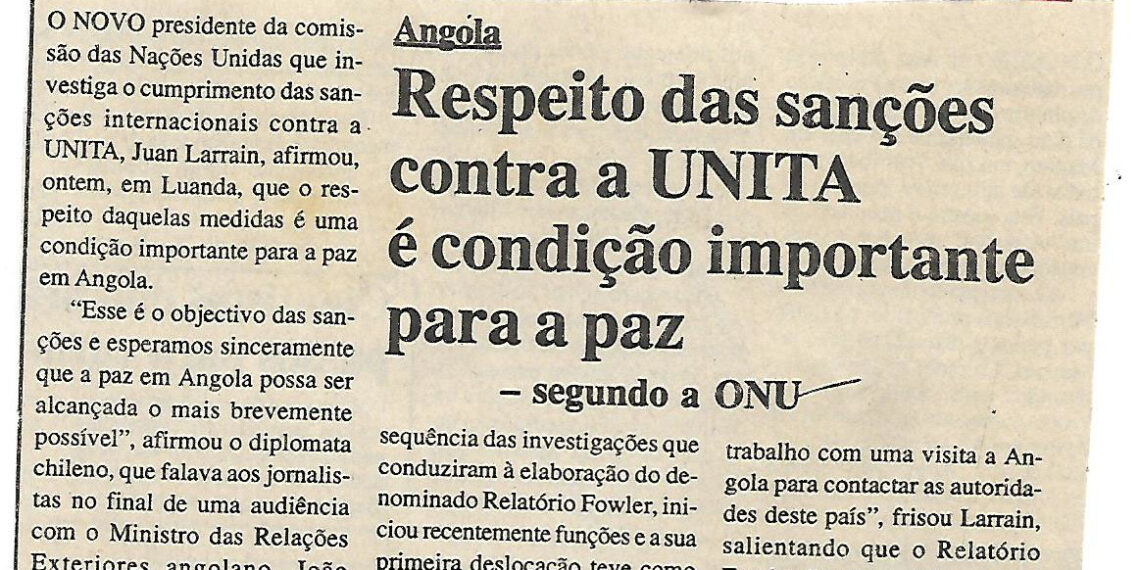 Angola: Respeito das sanções contra a UNITA é condição importante para a paz – segundo a ONU – 02 de Agosto de 2000 (Notícias)
