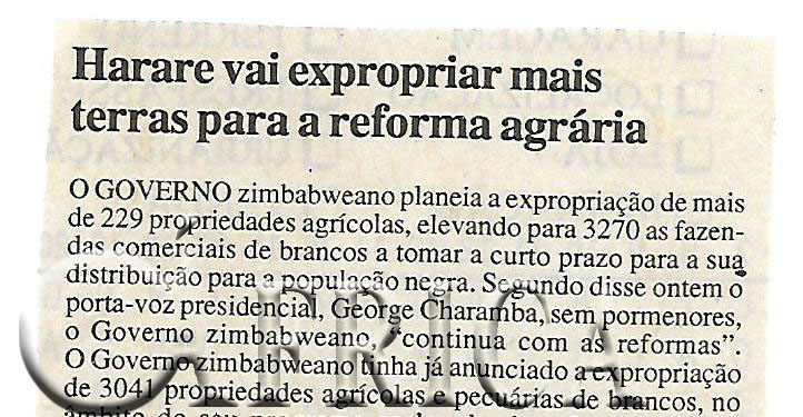 Harare vai expropriar mais terras para a reforma agrária – 13 de Agosto de 2000 (Notícias)