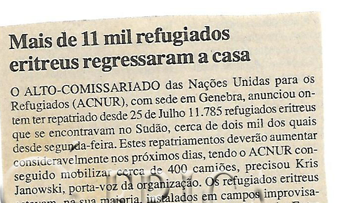 Mais de 11 mil refugiados eritreus regressaram a casa – 02 de Agosto de 2000 (Notícias)