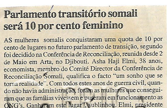 Parlamento transitório somali será 10 por cento feminino – 02 de Agosto de 2000 (Notícias)