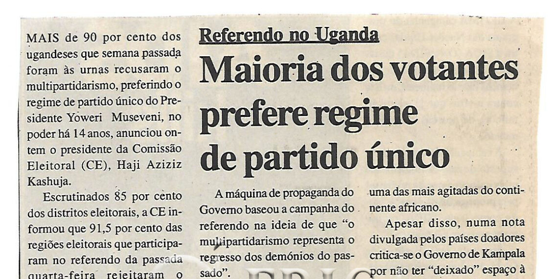 Referendo no Uganda: Maioria dos votantes prefere regime de partido único – 03 de Julho de 2000 (Notícias)