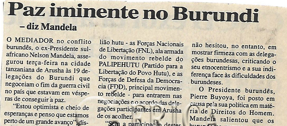Paz iminente no Burundi – diz Mandela – 30 de Março de 2000 (Notícias)