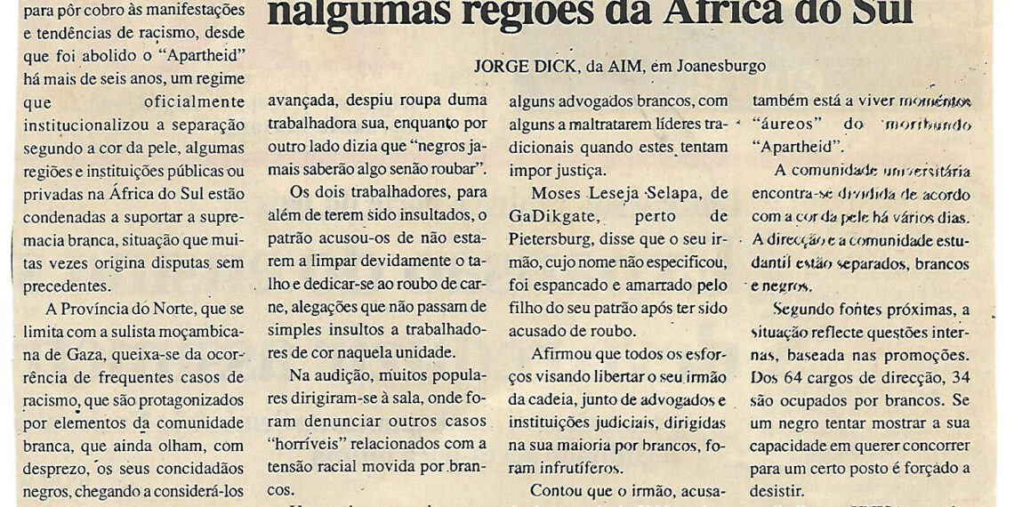 Racismo ainda preocupa nalgumas regiões da África do Sul – Jorge Dick, da AIM, em Joanesburgo – 10 de Junho de 2000 (Notícias)