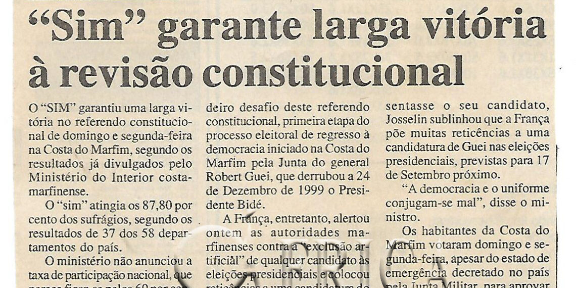 Costa do Marfim: “Sim” garante larga vitória à revisão constitucional – 26 de Julho de 2000 (Notícias)