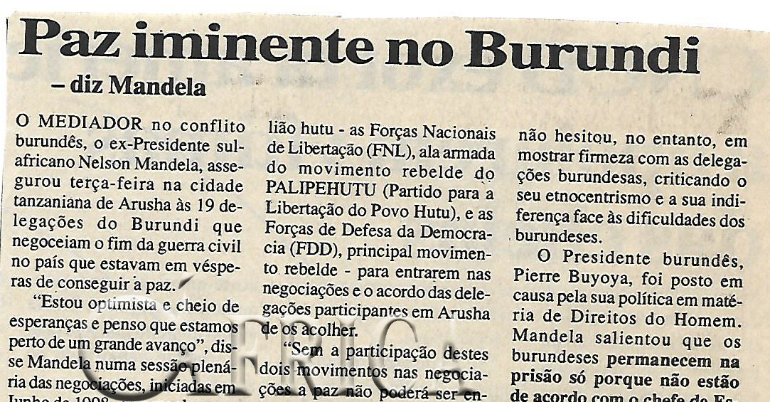Paz iminente no Burundi – diz Mandela – 30 de Março de 2000 (Notícias)