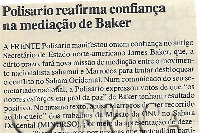 Polisario reafirma confiança na mediação de Baker – 30 de Março de 2000 (Notícias)