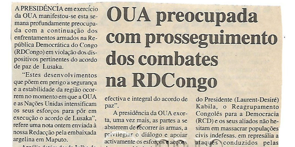 OUA preocupada com prosseguimento dos combates na RDCongo – 01 de Abril de 2000 (Notícias)