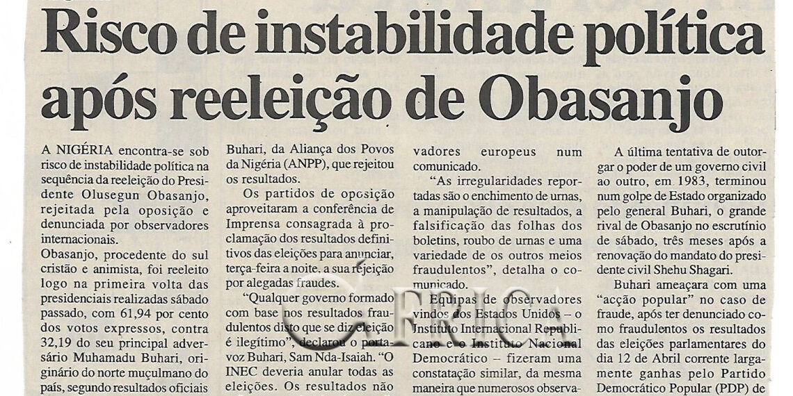 Nigéria: Risco de instabilidade política após reeleição de Obasanjo – 24 de Abril de 2003 (Notícias)