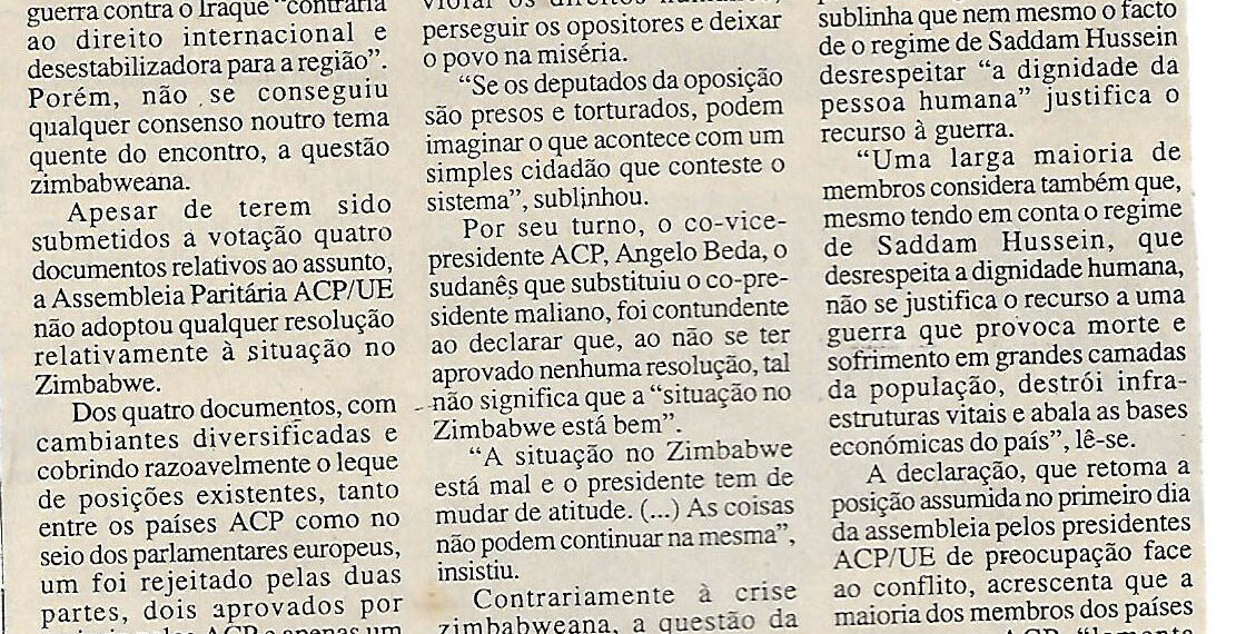 V Assembleia Paritária ACP/EU: Sem consenso sobre Zimbabwe e unanimidade quanto ao Iraque – 05 de Abril de 2003 (Notícias)