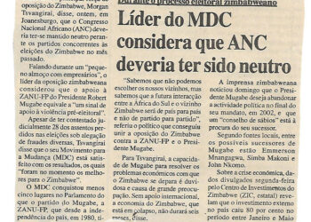 Durante o processo eleitoral zimbabweano: Líder do MDC considera que ANC deveria ter sido neutro – 26 de Julho de 2000 (Notícias)