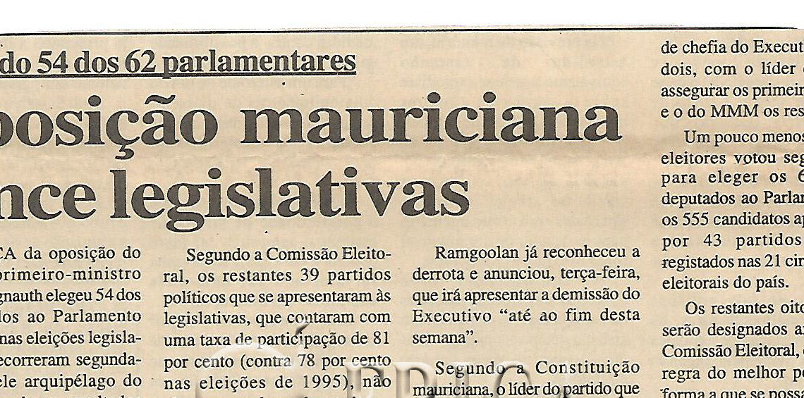 Elegendo 54 dos 62 parlamentares: Oposição mauriciana vence legislativas – 14 de Setembro de 2000 (Notícias)