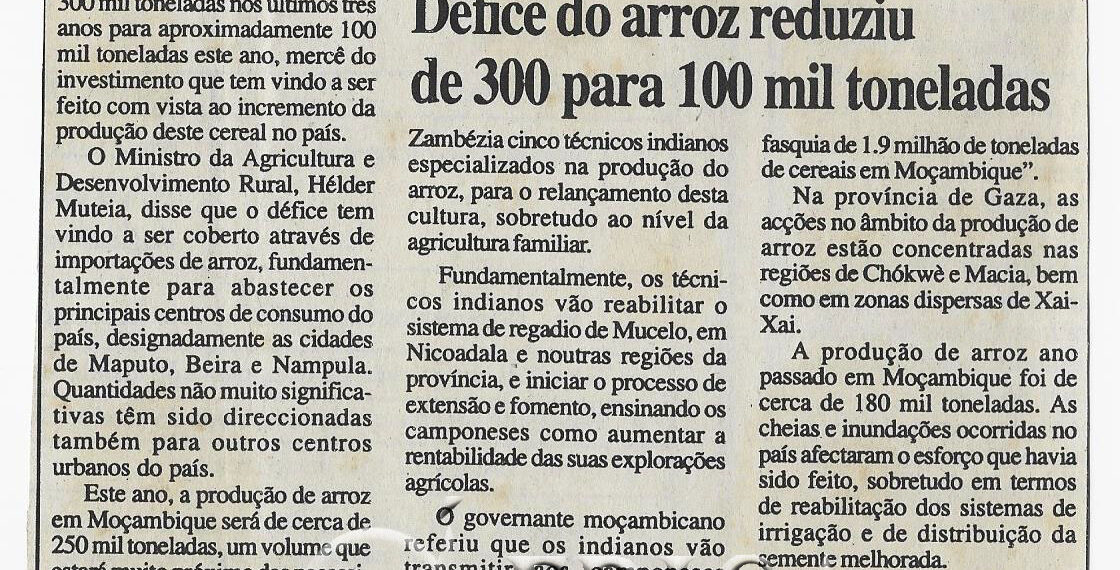 Nos últimos três anos: Défice do arroz reduziu de 300 para 100 mil toneladas – 27 de Fevereiro de 2002 (Notícias)