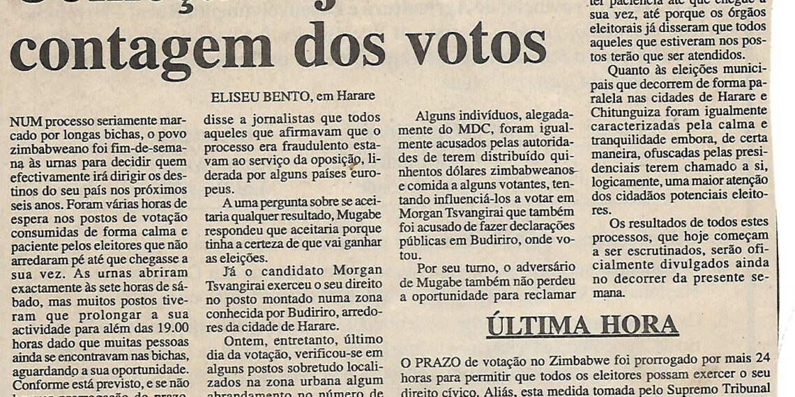 Eleições zimbabweanas: Começa hoje contagem dos votos – 11 de Março de 2002 (Notícias)