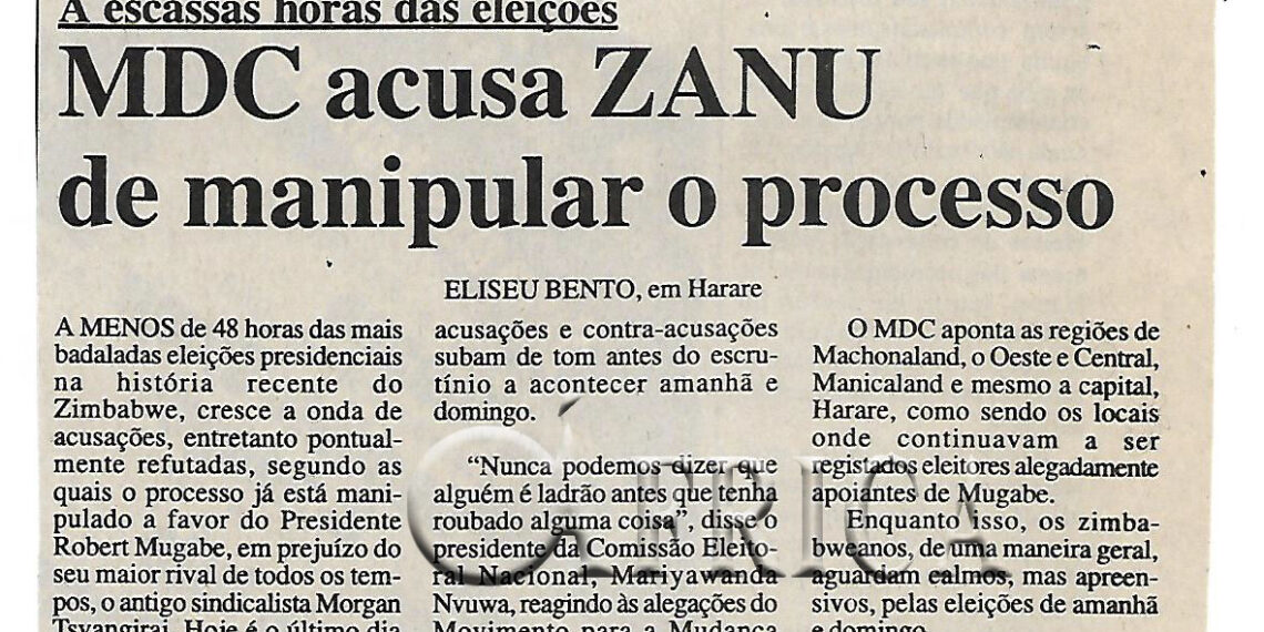 A escassas horas das eleições: MDC acusa ZANU de manipular o processo – 08 de Março de 2002 (Notícias)