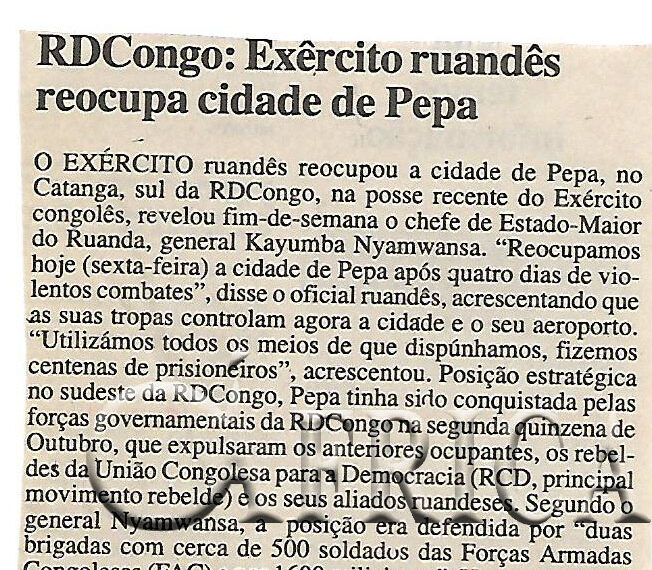 RDCongo: Exército ruandões reocupa cidade de Pepa – 13 de Novembro de 2000 (Notícias)
